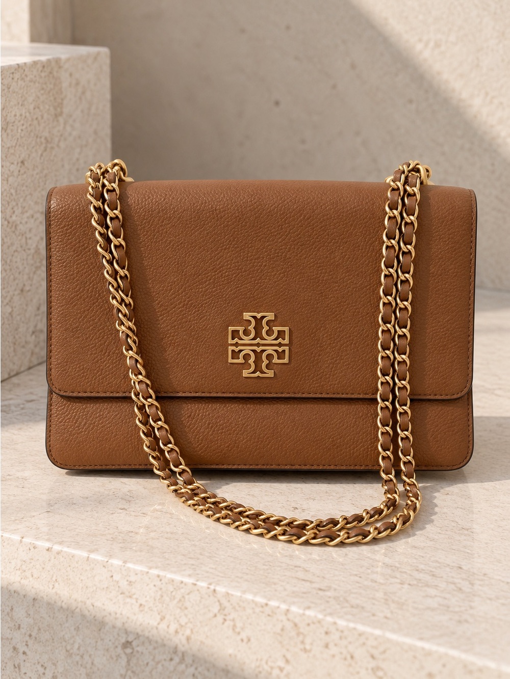 Tory Burch Tan Leather Chain-Shoulder Bag with Gold Hardware